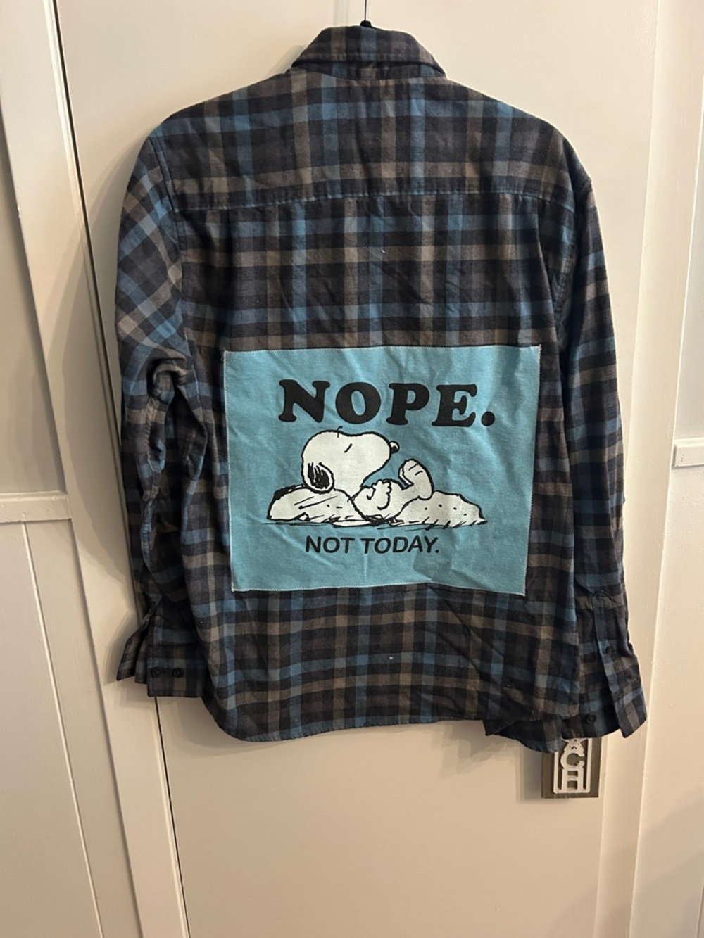 Unisex Snoopy Plaid flannel with Graphic tee Shirt sewn on back large